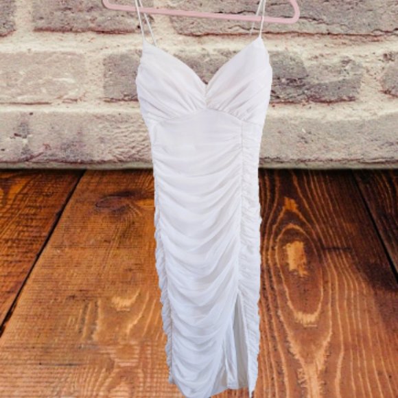 Lulus Dresses & Skirts - Lulu's White Spaghetti Strap Ruched Evening Dress in Size Medium